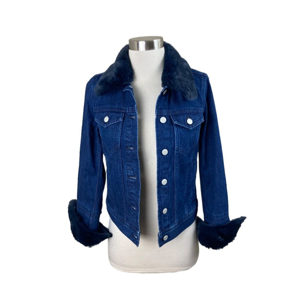 J. Crew Dark Blue Denim Jacket with Faux Fur Trim